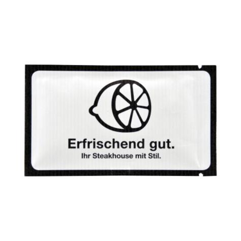 Erfrischungstücher Steakhouse 1 Farbig bedruckt auf weiss Kraftpapieren Sachet mit Ökologisch Erscheinungsbild